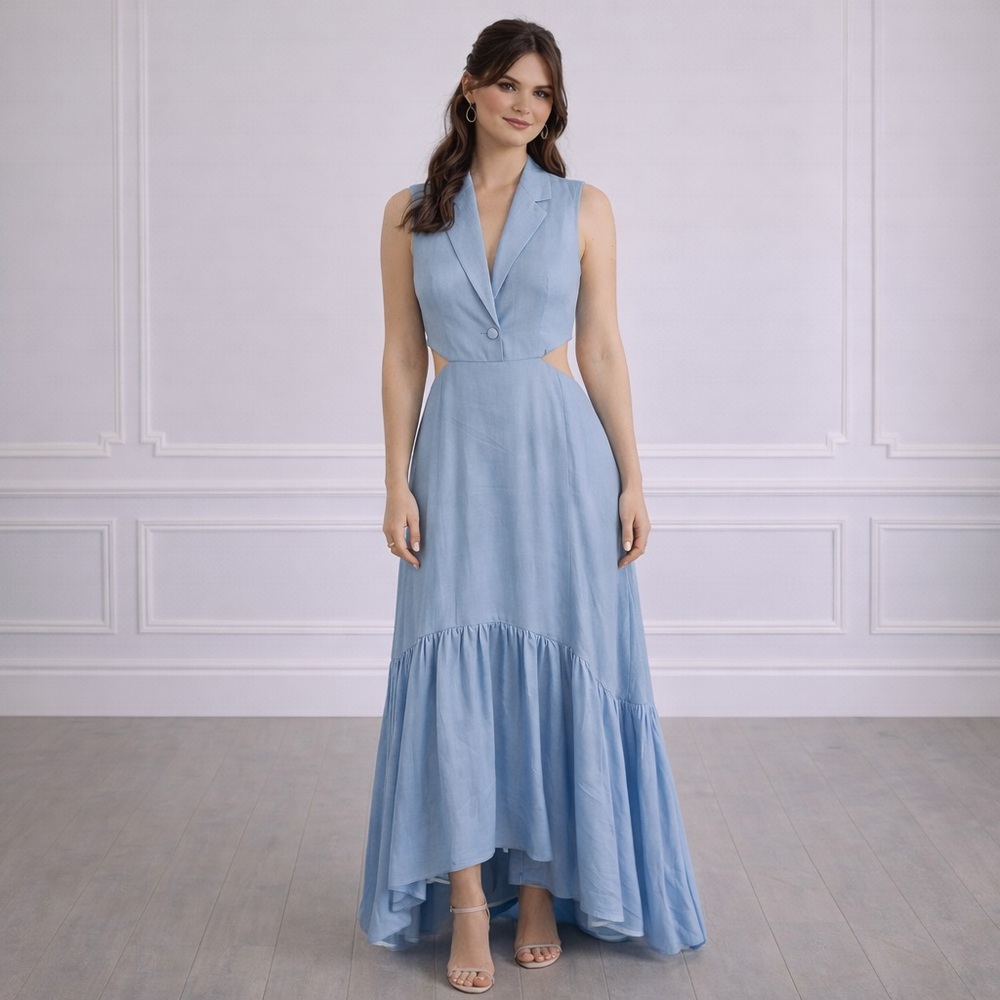 Karen Millen Polished Linen Cutout Peplum Maxi Dress Baby Blue Size 8